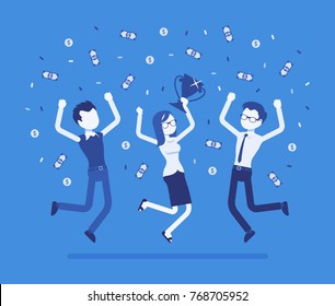 People celebrating victory. Young team of winners under confetti shower, proud of their work, awarded big prize after office competition. Vector business concept illustration with faceless characters