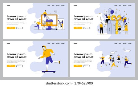 People Celebrating And Voting Online Set. Girls And Guys Running Marathon, Skateboarding. Flat Vector Illustrations. Election, Event, Activity Concept For Banner, Website Design Or Landing Web Page