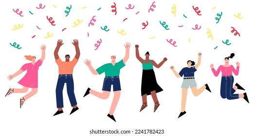 People celebrating win jumping under confetti. Happy joyful students, contemporary teens or adults celebrate. Modern flat sapid vector characters team