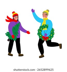 People celebrating winter festivities while dressed in holiday attire outdoors