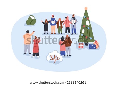 People celebrating winter holidays outdoors. Happy tiny characters gathering for Christmas and New Year celebration, street performance, fun. Flat vector illustration isolated on white background
