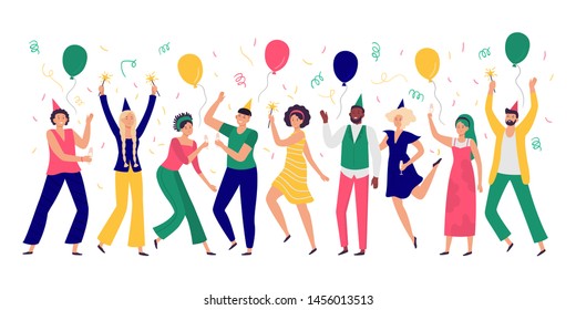 People celebrating. Young men and women dance at celebration party, joyful balloons and confetti. Happiness adults business coworkers achievement victory celebration vector illustration