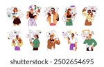 People with cell phones set. Characters holding smartphones, digital devices, using mobile apps, social media, internet for online communication. Flat vector illustration isolated on white background