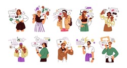 People with cell phones set. Characters holding smartphones, digital devices, using mobile apps, social media, internet for online communication. Flat vector illustration isolated on white background