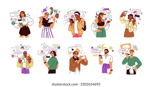 People with cell phones set. Characters holding smartphones, digital devices, using mobile apps, social media, internet for online communication. Flat vector illustration isolated on white background