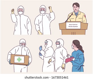 People at the Center for Disease Control. People wearing protective clothing. Government officials presenting. hand drawn style vector design illustrations. 