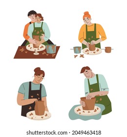 People at ceramic workshop. Design for master classes and craft shops. Flat vector illustration.