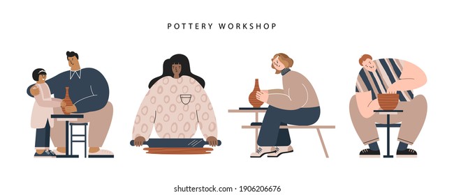 People at ceramic workshop flat vector illustration. Diverse race and skin color characters making pottery. Set of male and female crafters with child. Banner, website, social network design elements.