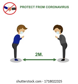 People change shake hands greeting to namaste ,wearing mask and keep distance for protect from coronavirus.vector illustration