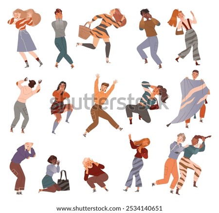People Character Afraid of Something Feel Scared Vector Set