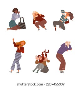 People Character Afraid of Something Feeling Scared and Terrified Screaming and Escaping Vector Illustration Set