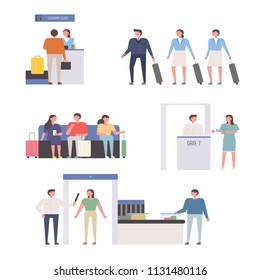 people character in airport. flat design style vector graphic illustration set