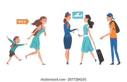 People Character at Airport Walking with Ticket Toward Gate for Check in Vector Illustration Set