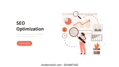 People character analyzing market trends and planning seo optimization strategy. Seo targeting and performance concept. Flat cartoon vector illustration and icons set.