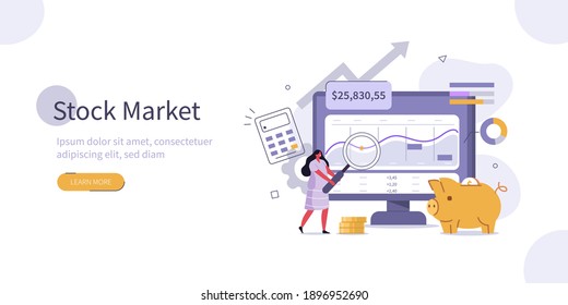 People Character Analyzing  Stock Market. Woman Standing near Screen with Graphs, Charts and Diagrams. Businessperson Investing in Stocks. Stock Trading Concept. Flat Isometric Vector Illustration.