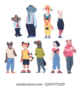 People Character with Animal Head Standing Wearing Trendy Clothes Vector Set