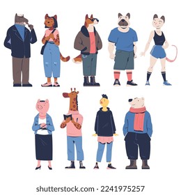 People Character with Animal Head Standing Wearing Trendy Clothes Vector Set