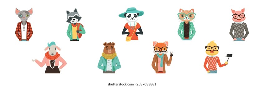 People Character with Animal Heads and Trendy Clothes Vector Set