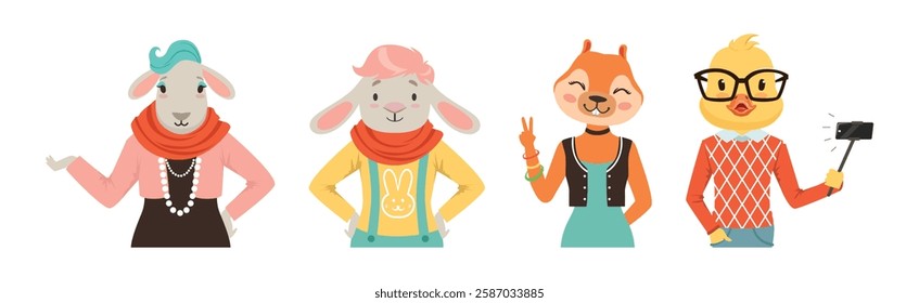 People Character with Animal Heads and Trendy Clothes Vector Set