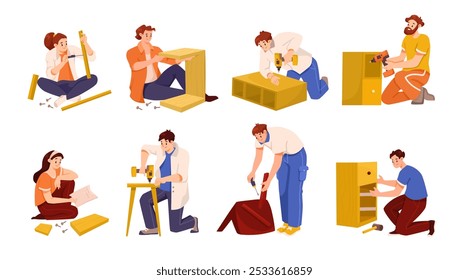 People Character Assemble Furniture as DIY Home Repair Work Vector Set