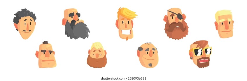 People Character Avatar and Head with Different Face and Hairstyle Vector Set