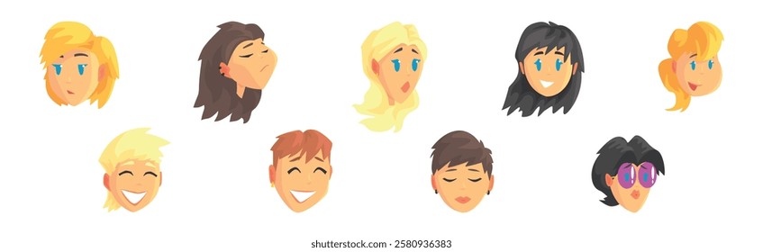 People Character Avatar and Head with Different Face and Hairstyle Vector Set