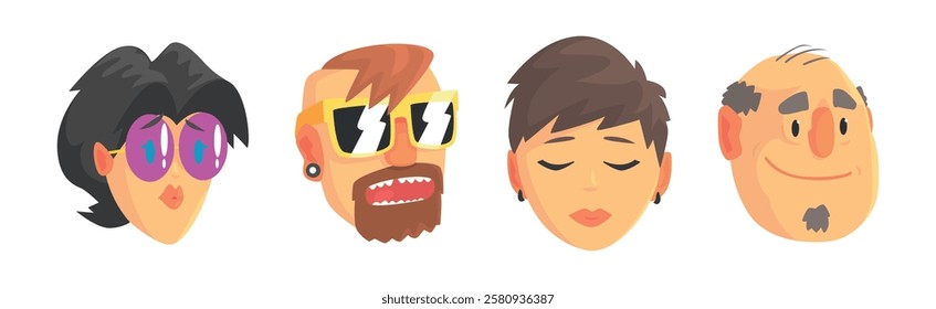 People Character Avatar and Head with Different Face and Hairstyle Vector Set