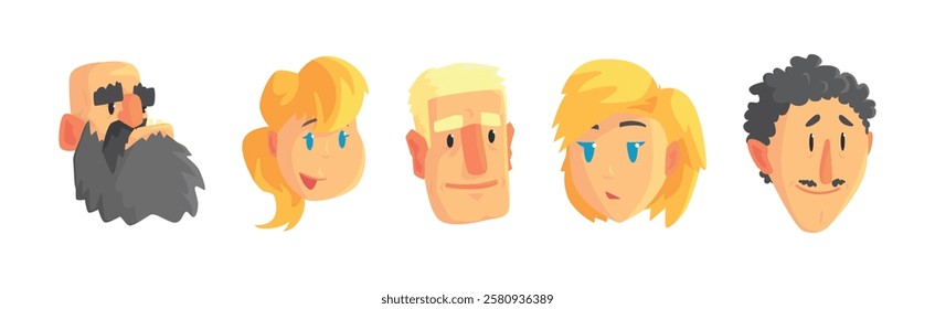 People Character Avatar and Head with Different Face and Hairstyle Vector Set