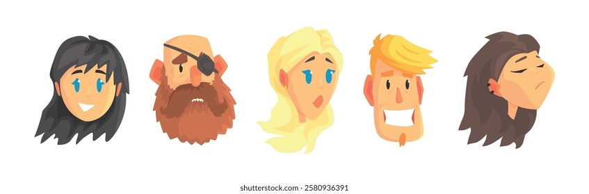 People Character Avatar and Head with Different Face and Hairstyle Vector Set