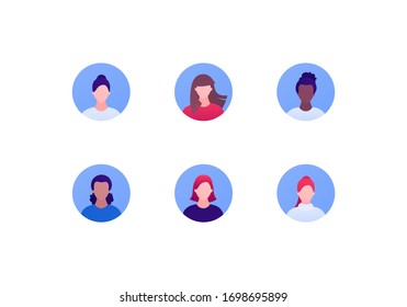 People character avatar template collection. Vector flat person illustration. Set of muiltiethnic female faces in circle. Black african american, hispanic, caucasian ethnic. Design for web app, ui