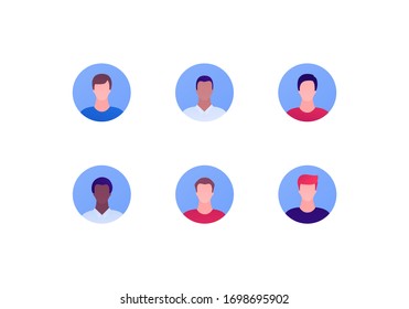 People character avatar template collection. Vector flat person illustration. Set of muiltiethnic male faces in circle. Black african american, hispanic, caucasian ethnic. Design for web app, site, ui