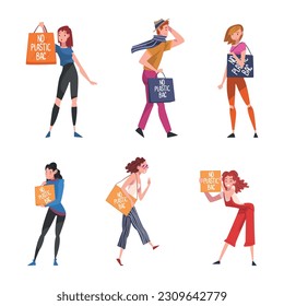 People Character with Bag and Placard with No Plastic Bag Inscription Vector Set