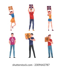 People Character with Bag and Placard with No Plastic Bag Inscription Vector Set