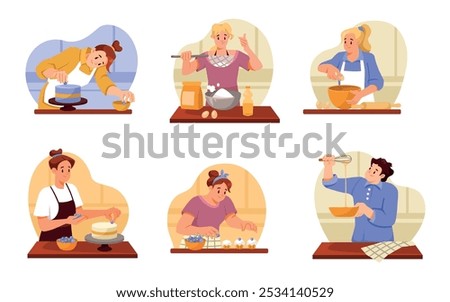 People Character Baking at Kitchen Making Pastry Vector Set