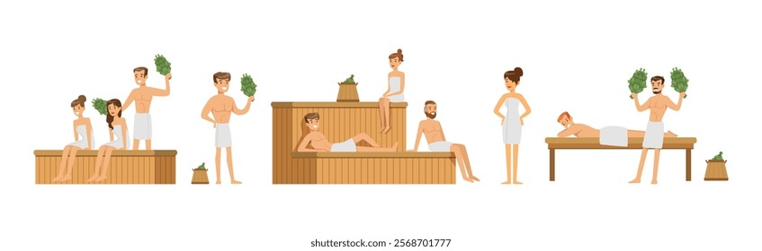 People Character Bathing in Sauna in Towel with Besom Vector Set