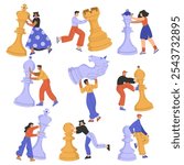 People Character with Big Chess Piece Vector Set