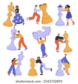 People Character with Big Chess Piece Vector Set