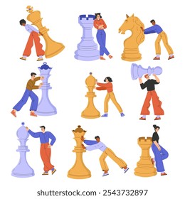 People Character with Big Chess Piece Vector Set