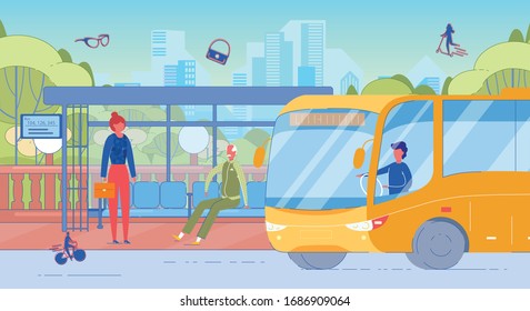 People Character at Bus Stop. Young Woman Office Worker Standing with Briefcase and Elderly Senior Man Sitting on Bench. Human Queue Waiting for Public Transport. Vector Lifestyle Illustration