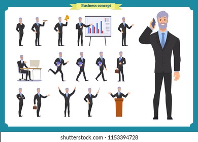 People character business set.Old businessman in formal wear.Different poses and emotions, running, standing, sitting, walking, happy, angry. Full length, front, rear view against white background.