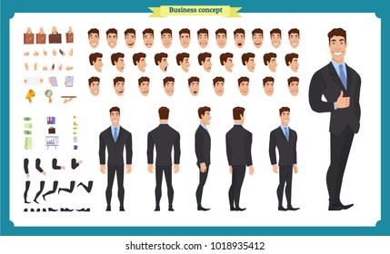 Juego de negocios de personajes.Carácter animado de vista frontal, lateral y posterior.   Creación de personajes de negocios con diversas vistas, emociones faciales, poses y gestos.Estilo de caricatura, vector plano y aislado