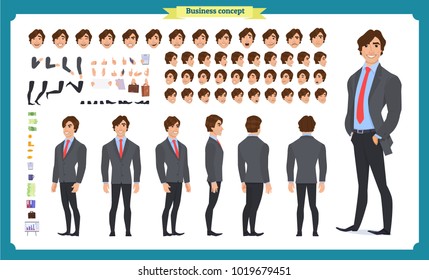 People character business set. Front, side, back view animated character.   Businessman character creation set with various views, face emotions, poses and gestures.Cartoon style, flat isolated vector