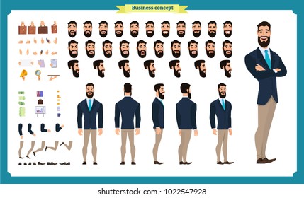 People character business set. Front, side, back view animated character.   Businessman character creation set with various views, face emotions, poses and gestures.Cartoon style, flat isolated vector