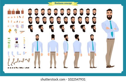 People character business set. Front, side, back view animated character.   Businessman character creation set with various views, face emotions, poses and gestures.Cartoon style, flat isolated vector