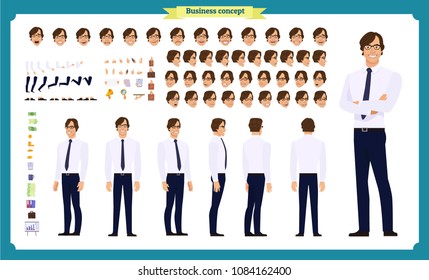 People character business set. Front, side, back view animated character.   Businessman character creation set with various views, face emotions, poses and gestures.Cartoon style, flat isolated vector