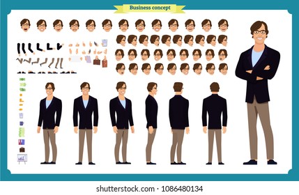 People character business set. Front, side, back view animated character.   Businessman character creation set with various views, face emotions, poses and gestures.Cartoon style, flat isolated vector