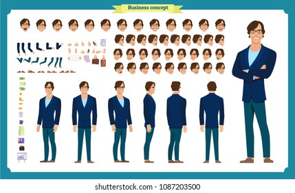 People character business set. Front, side, back view animated character.   Businessman character creation set with various views, face emotions, poses.Cartoon style, flat isolated vector.casual