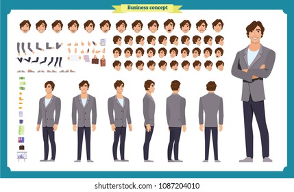 People character business set. Front, side, back view animated character.   Businessman character creation set with various views, face emotions, poses and gestures.Cartoon style, flat isolated vector