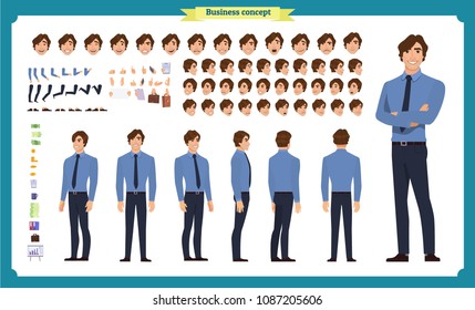 People character business set. Front, side, back view animated character.   Businessman character creation set with various views, face emotions, poses and gestures.Cartoon style, flat isolated vector