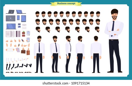 People Character Business Set. Front, Side, Back View Animated Character.   Standing Businessman Character In Shirt And Pants Face Emotions, Poses, Gestures,running.Cartoon Style, Flat Isolated Vector